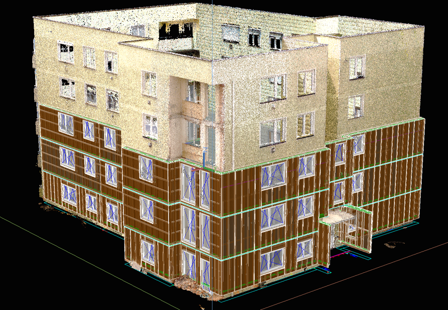 Punktwolke eines Mehrfamilienhauses mit angefangener Holzbauplanung der neuen Fassade