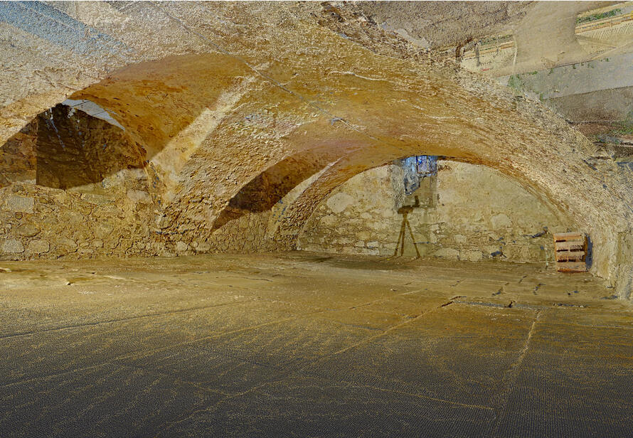3D Punktwolke eines historischen Gewölbekellers in Waldkirchen, präzise Vermessung komplexer Bestandsstrukturen im Altbau.