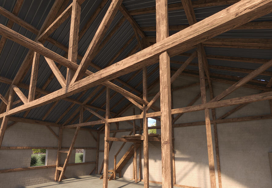 Verformungsgerechtes 3D-Modell einer Scheune mit realistischer Abbildung der Holzkonstruktion, ideal für Planung, Sanierung und Weiterverarbeitung in CAD.