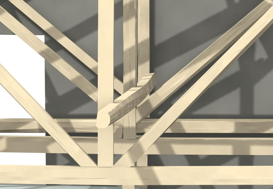 Detailansicht eines verformungsgerechten 3D-Modells mit präziser Darstellung von Holzverbindungen und Tragwerk, basierend auf Laserscanning-Daten.