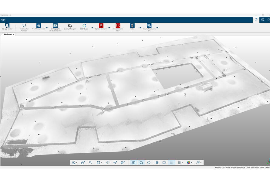 Digitale Punktwolke einer Bodenplatte im Neubau. Hochgenaue 3D Vermessung zur Dokumentation und Analyse von Baufortschritt und Geometrie.