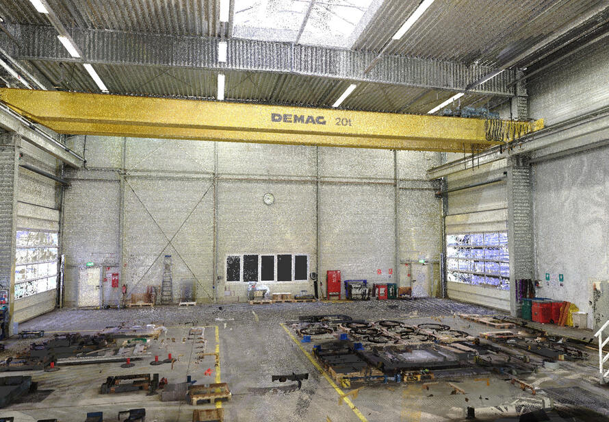 Detailreiche Punktwolke einer Industriehalle als Grundlage für 3D Modellierung, Planung und Kollisionsprüfung