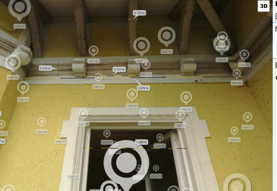 Detailmessung in einer 360° Fotodokumentation eines Gebäudes mit präziser Visualisierung von Bauteilen und einfachen digitalen Messmöglichkeiten.