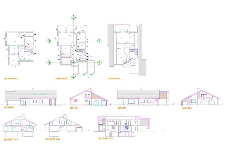 ScanToCAD Projekt mit Grundrissen, Ansichten und Schnitten eines Wohngebäudes, präzise abgeleitet aus einer 3D Punktwolke.