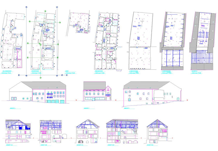 Umfangreiche ScanToCAD Auswertung mit Grundrissen, Ansichten und Schnitten eines komplexen Gebäudes auf Basis von 3D Laserscanning.