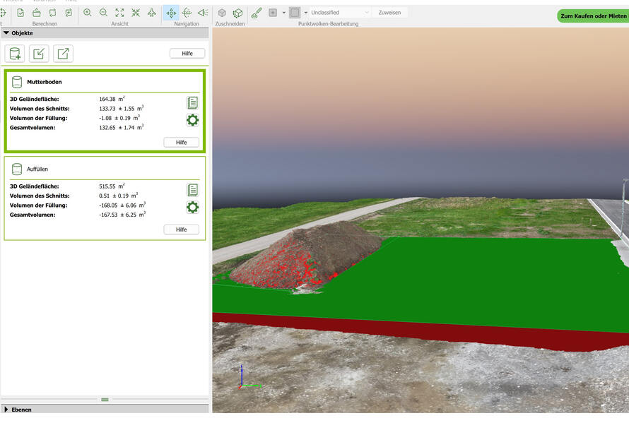 Volumenberechnung von Schüttgut und Gelände mittels Drohnenvermessung mit detaillierter 3D Auswertung und Flächenanalyse.
