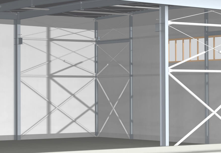 Digitale 3D BIM Modellierung einer Stahlhalle zur Visualisierung und Koordination komplexer Industrieprojekte.