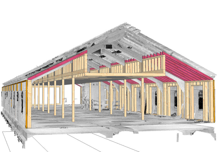 Holzbauplanung auf Basis von Punktwolken. Kombination aus 3D Scan und Modell für verformungsgerechte Planung im Bestand.