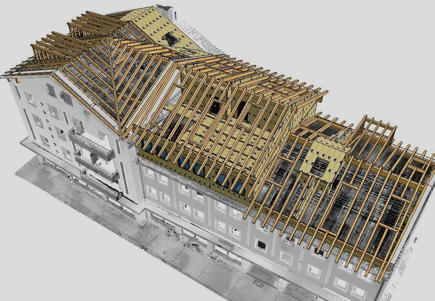 Dachkonstruktion als 3D Modell. Präzise Planung im Holzbau durch Laserscanning und digitale Bestandsaufnahme.