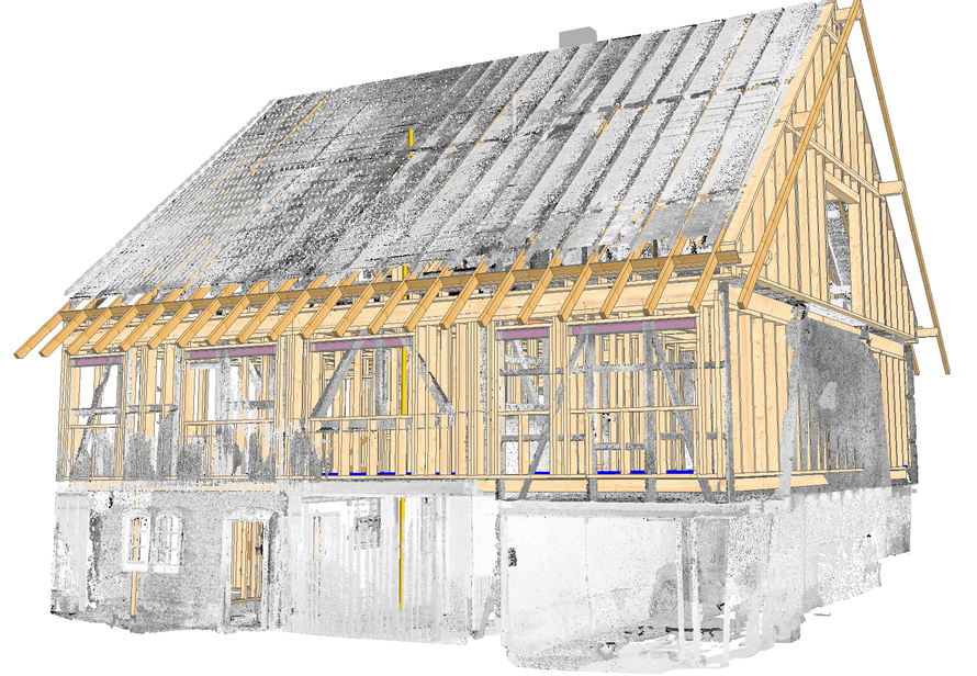 3D Laserscanning als Grundlage für Holzbauplanung. Bestand und neue Konstruktion werden exakt miteinander kombiniert