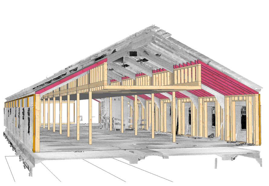 3D Aufmaß kombiniert mit Holzbauplanung im Innenbereich. Punktwolke und Konstruktion bilden die Grundlage für präzise Aufstockung und Sanierung.