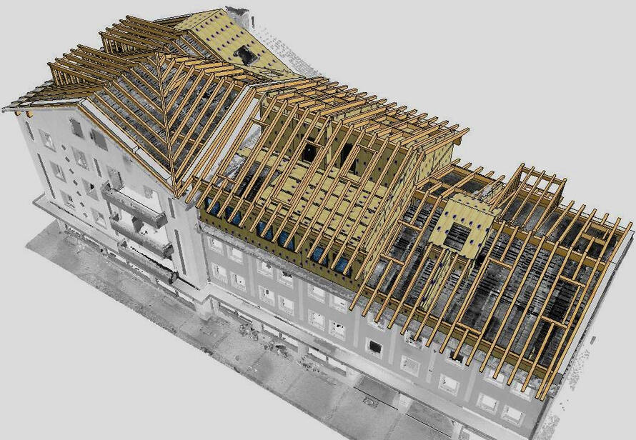 Digitale Holzbauplanung auf Basis einer Punktwolke. Dachkonstruktion und Aufstockung werden präzise im 3D Modell dargestellt.