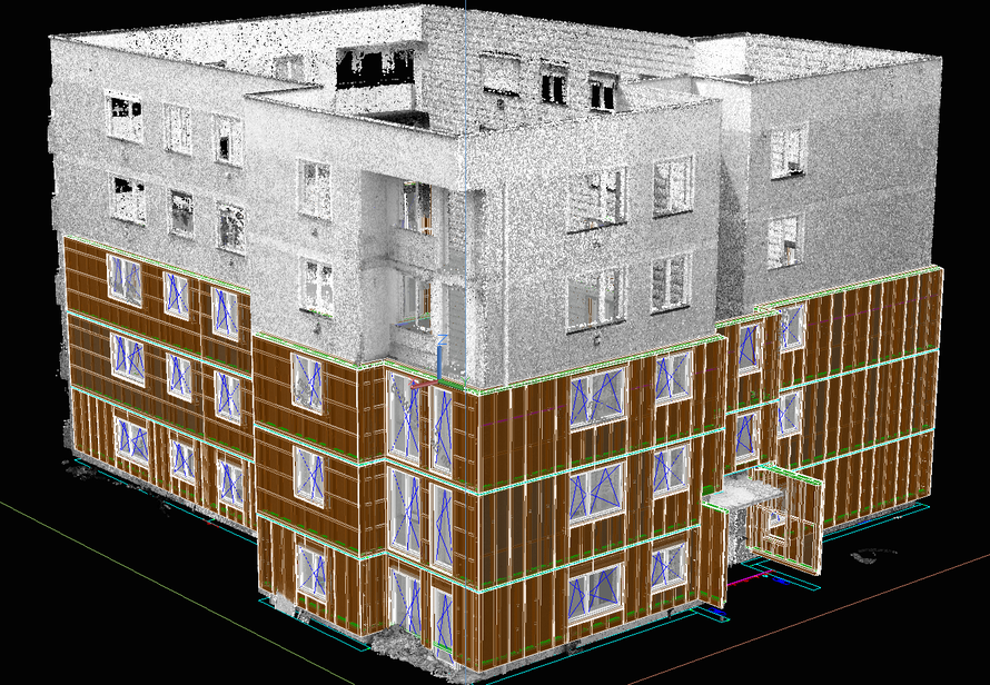 Serielle Fassadensanierung und Holzbauplanung auf Basis von Laserscanning. Präzise Umsetzung im 3D Modell für sichere Planung.