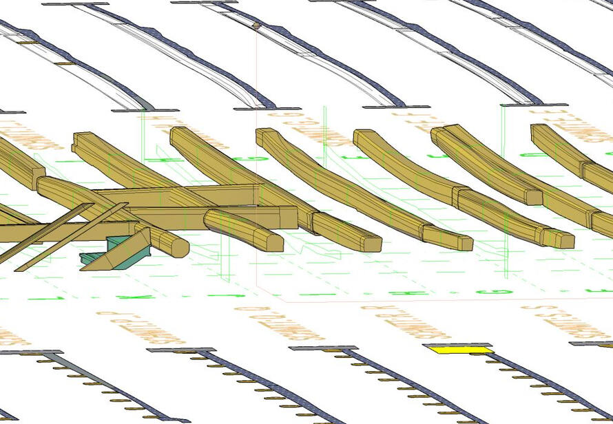 Verformungsgerechtes 3D Modell einer Holzbalkendecke mit detaillierter Darstellung einzelner Balken und deren tatsächlicher Durchbiegung.