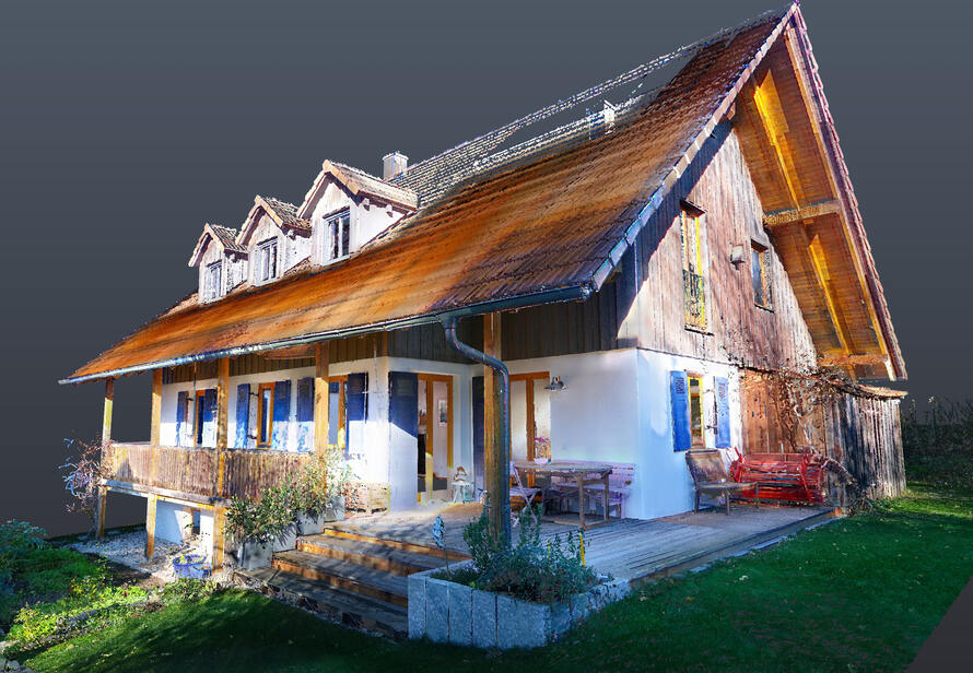 3D Punktwolke eines Wohnhauses. Digitale Bestandsaufnahme für exakte Planung im Bestand und Umbau.