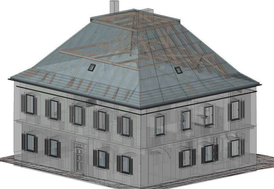 3D Gebäudemodell eines denkmalgeschützten Pfarrhauses basierend auf Laserscanning. Präzise Grundlage für Planung und Scan2BIM.