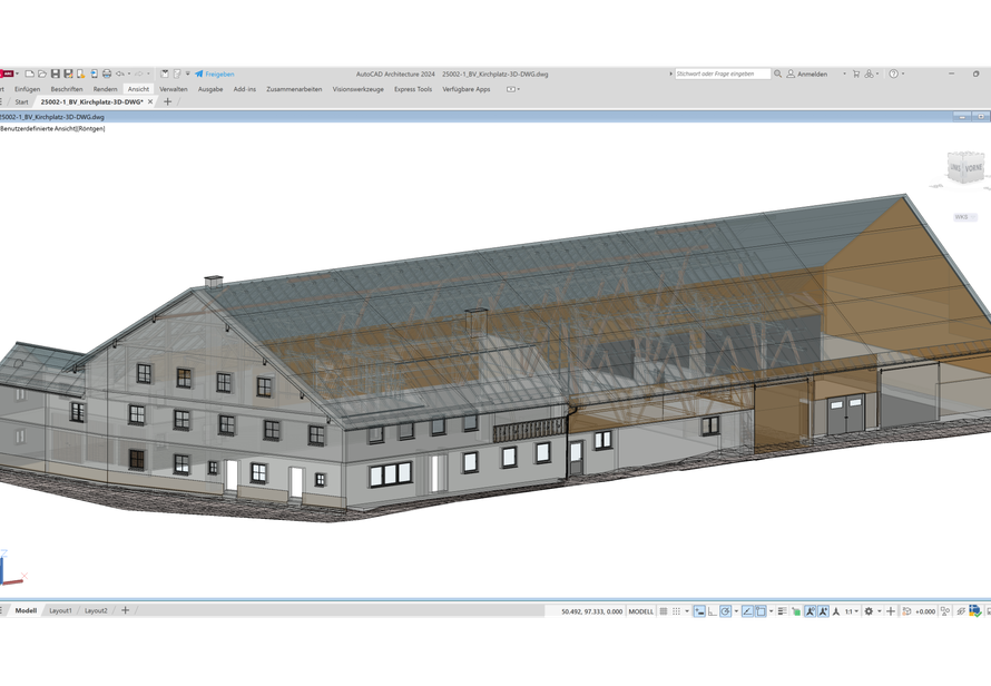 3D Gebäudemodell eines landwirtschaftlichen Bestandsgebäudes. ScanToBIM ermöglicht eine präzise digitale Planung und Darstellung komplexer Strukturen.