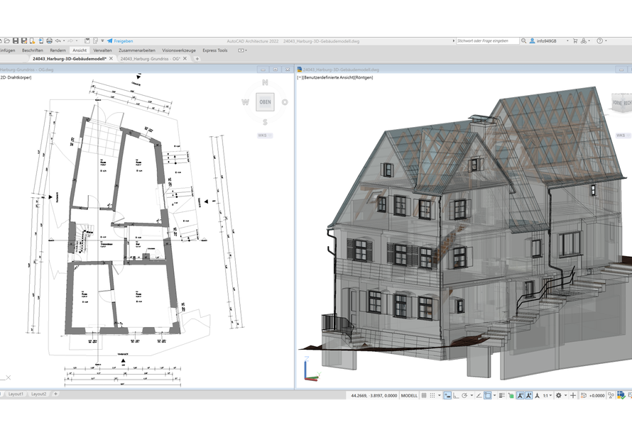 Kombination aus 2D Grundriss und 3D Gebäudemodell eines Bestandsgebäudes. Perfekte Grundlage für Planung, Sanierung und digitale Weiterverarbeitung.