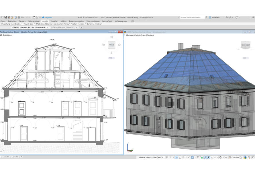 Digitales Gebäudemodell und Schnittdarstellung eines denkmalgeschützten Pfarrhauses. Exakte Bestandsaufnahme durch Laserscanning und ScanToBIM.