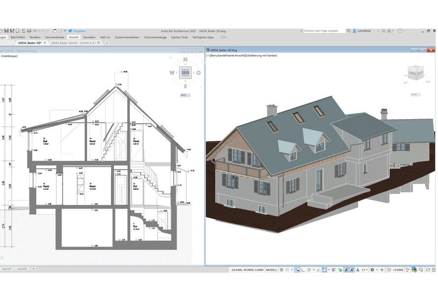 3D Modell und Gebäudeschnitt eines Wohnhauses. Präzise Planung durch digitale Vermessung und Modellierung auf Basis realer Bestandsdaten.