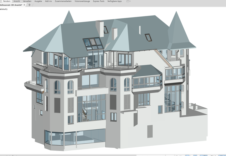 Detailreiches 3D Gebäudemodell eines komplexen Bauwerks. Digitale Planung und Visualisierung durch moderne ScanToBIM Prozess