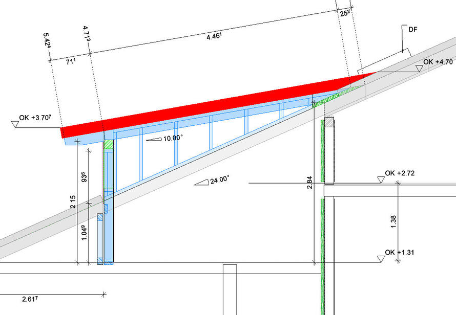 Detailierte Schnittzeichnung einer Dachgaube mit exakten Maßen als Grundlage für präzise Planung und Umsetzung im Holzbau.