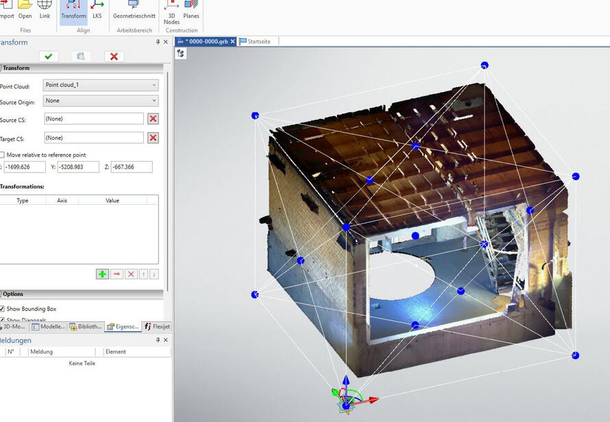 Punktwolke im IN CAD Modul mit präziser 3D Ausrichtung. Digitale Bestandsaufnahme als Grundlage für exakte Planung im Metallbau.