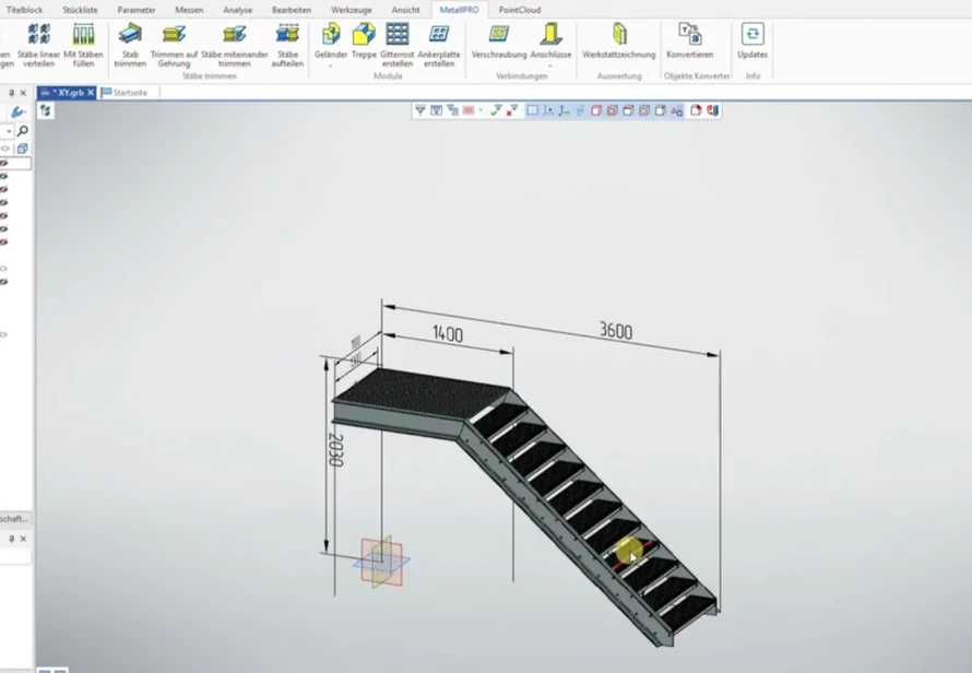 Aus Punktwolke abgeleitete CAD Konstruktion einer Treppe. Effiziente Planung und Umsetzung mit IN CAD im Metallbau.