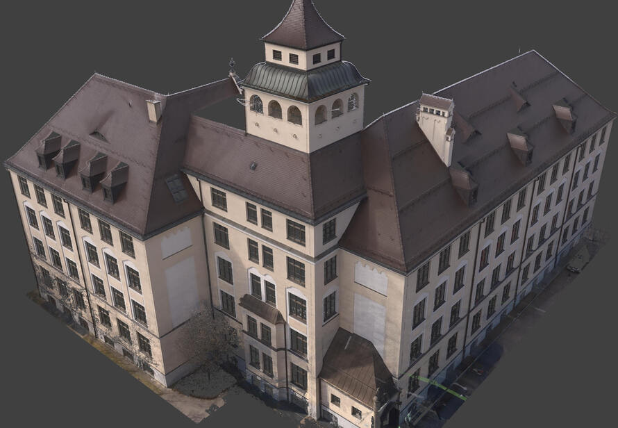 Detailreiche 3D-Punktwolke eines historischen Schulgebäudes in München als Grundlage für Sanierung, Umbau und digitale Bestandsdokumentation.