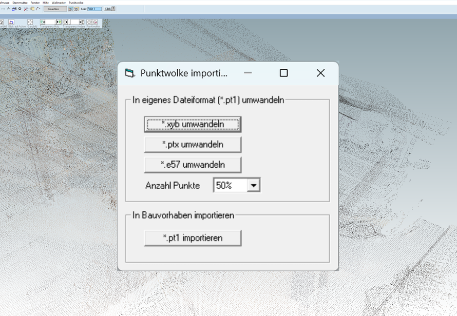 Screenshot des Punktwolkenimports in AlphaSchift mit Umwandlung der Formate E57, PTX und WYB.