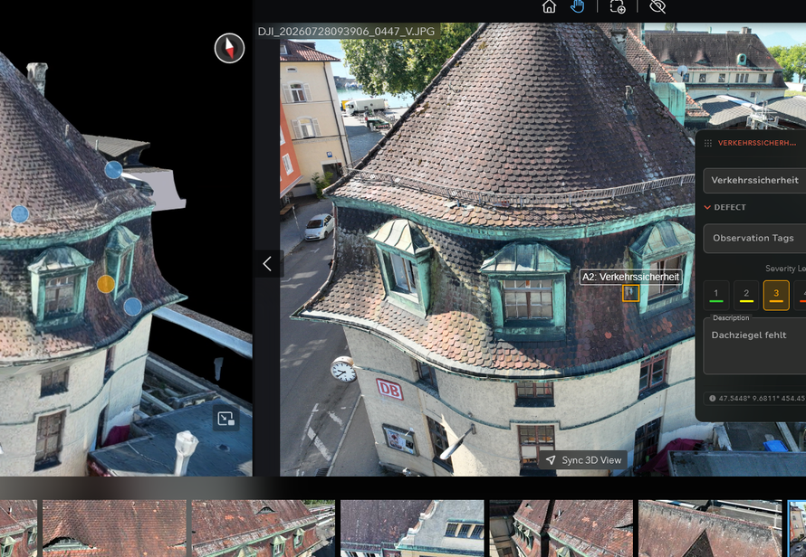 Im Online Viewer können Schäden am Dach des Bahnhofs Lindau direkt im digitalen 3D Modell markiert, beschrieben und nach Wichtigkeit bewertet werden.