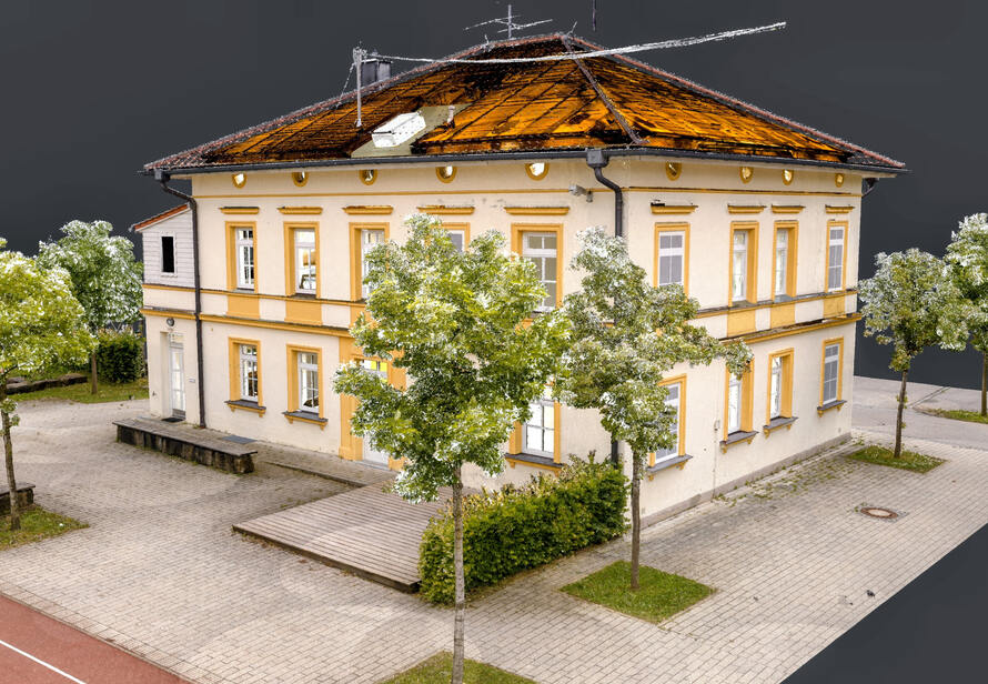 3D Vermessung des Heglerhauses in Türkheim mit farbiger Punktwolke für die spätere Planung des Hort Umbaus.