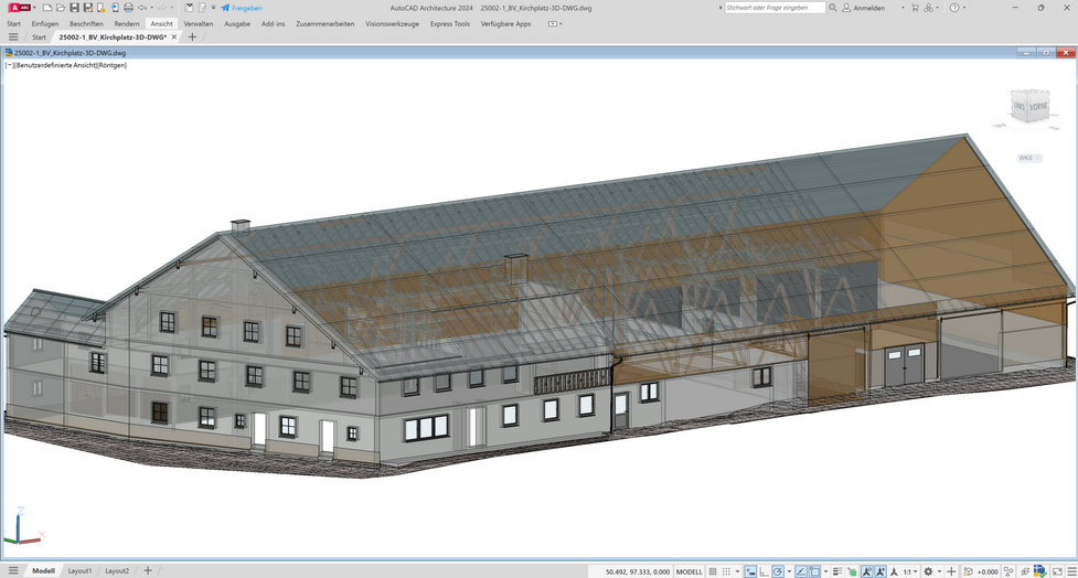 3D-Gebäudemodell eines Bauernhauses in AutoCAD, erstellt aus Laserscanning-Punktwolken, mit sichtbarer Dachkonstruktion und Anbau.
