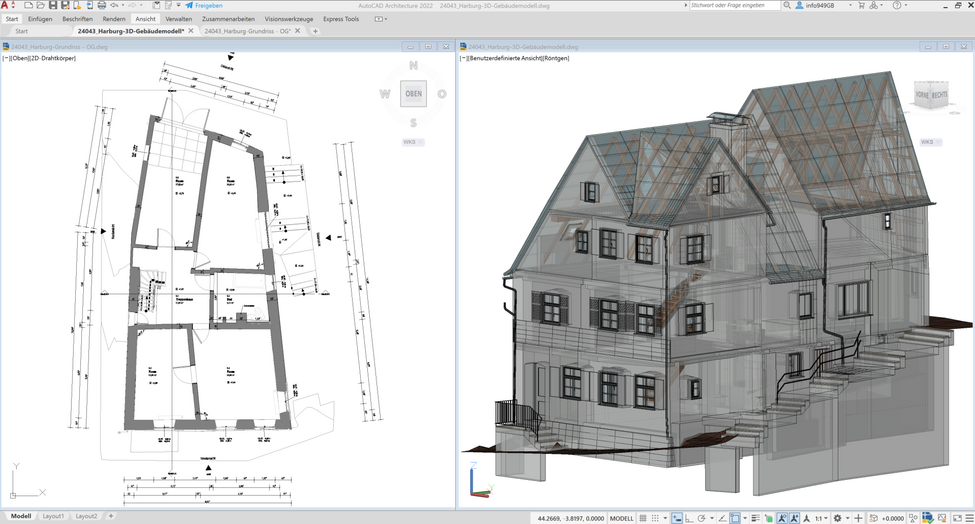 Grundrissplan eines Gebäudes neben einem transparent dargestellten 3D-BIM-Modell eines Wohnhauses mit sichtbarer Dachkonstruktion.