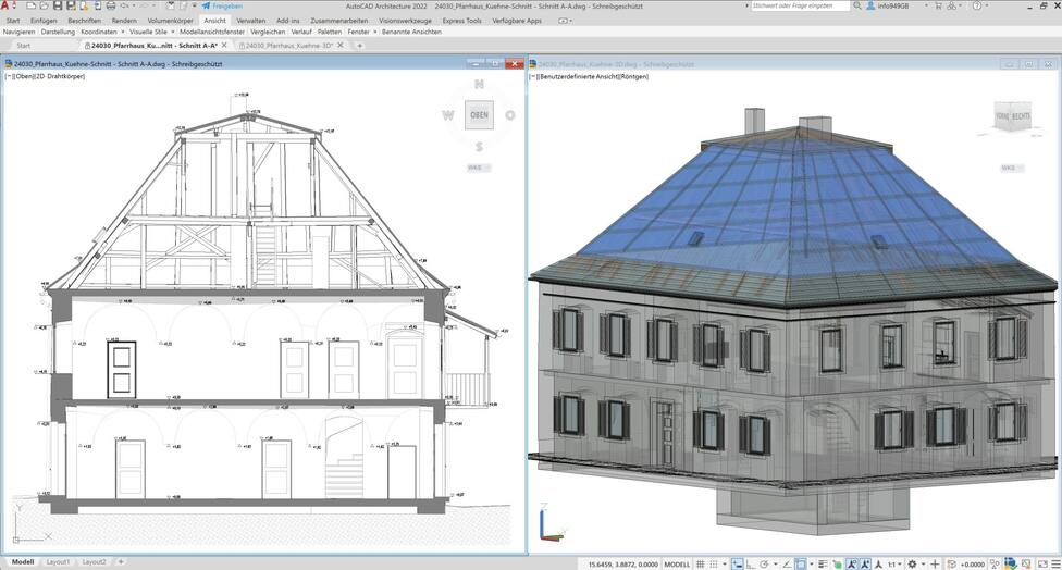 Gebäudeschnitt eines historischen Pfarrhauses neben einem digitalen 3D-Gebäudemodell zur Visualisierung der Gebäudestruktur.