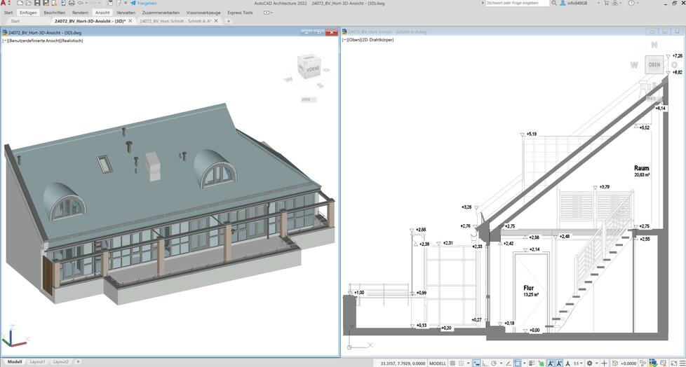 3D-Modell eines Gebäudes mit Dach und Fenstern sowie technischer Gebäudeschnitt mit Treppe und Raumaufteilung.