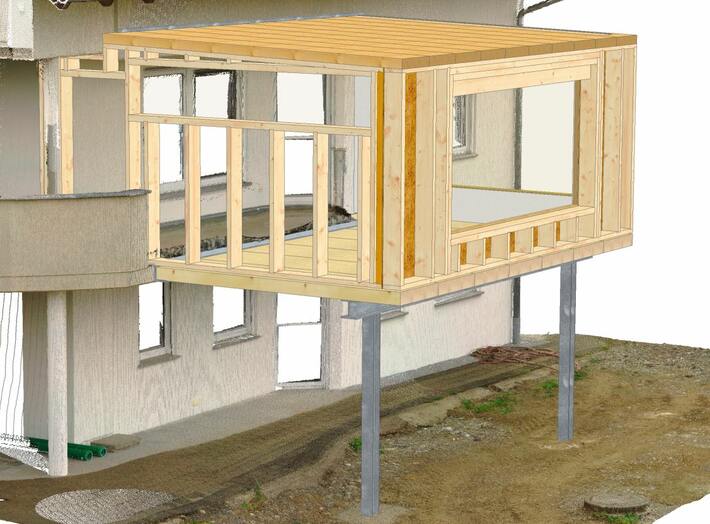 3D-Punktwolke als Planungsgrundlage für ein eingeschobenes Holzbaumodul zur Wohnraumerweiterung auf Stahlstützen im Bestandsgebäude.