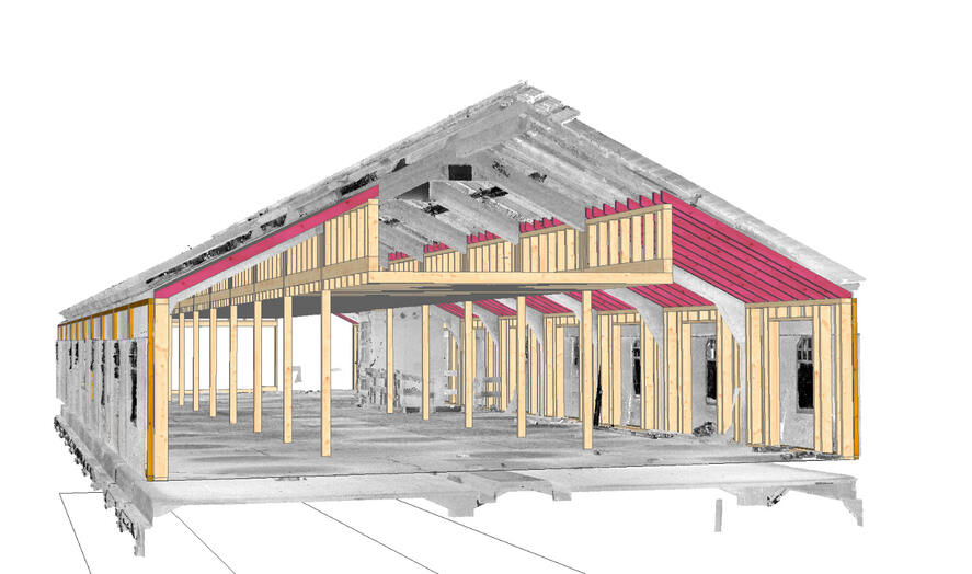 3D-Punktwolke einer Halle als Grundlage für die Planung eines Haus-in-Haus-Konzepts in moderner Holzbauweise.
