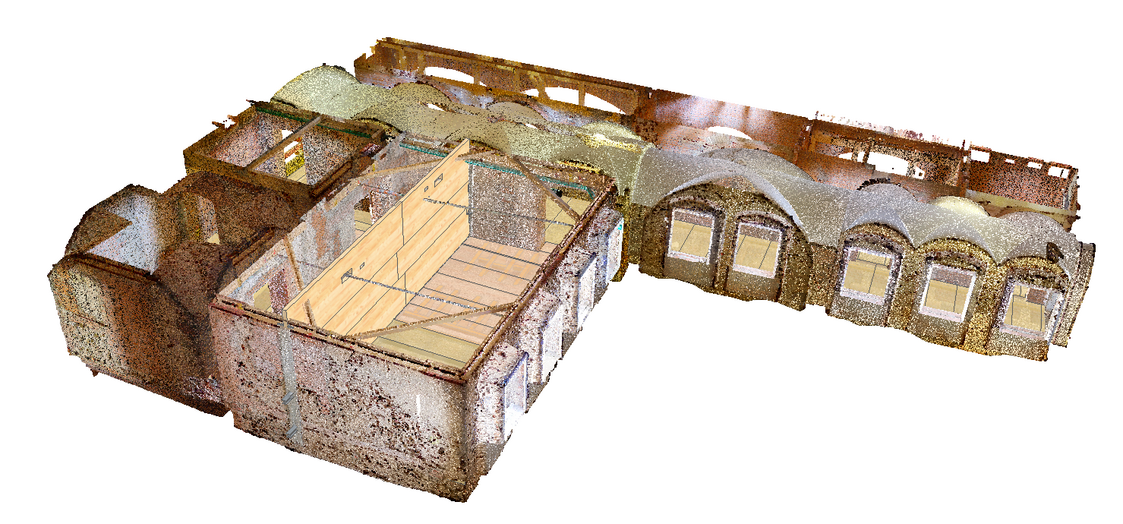 3D-Punktwolke des Rathauses Straubing als Grundlage für die Planung eines neuen Brettsperrholz-Fußbodens über dem historischen Gewölbe.
