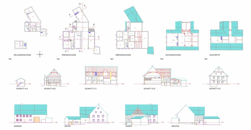 Mehrere 2D-CAD-Pläne eines Gebäudes mit Grundrissen, Schnitten und Ansichten, erstellt aus Laserscanning-Punktwolken.