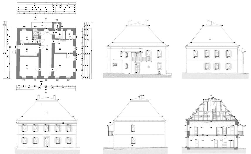 2D-CAD-Zeichnungen eines Gebäudes mit Fassadenansichten und Gebäudeschnitten zur Darstellung der Baukonstruktion.