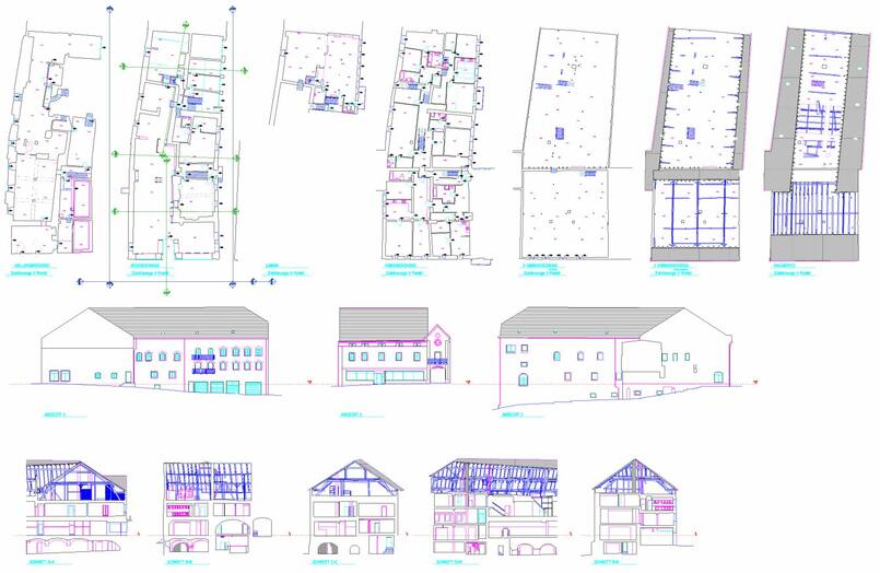 Mehrere 2D-CAD-Pläne eines Gebäudes mit Grundrissen, Fassadenansichten und Schnitten aus einer Punktwolkenauswertung.