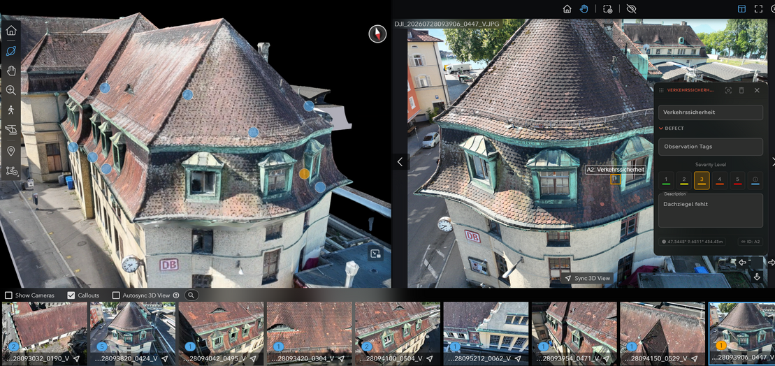 Im Online Viewer können Schäden am Dach des Bahnhofs Lindau direkt im digitalen 3D Modell markiert, beschrieben und nach Wichtigkeit bewertet werden.