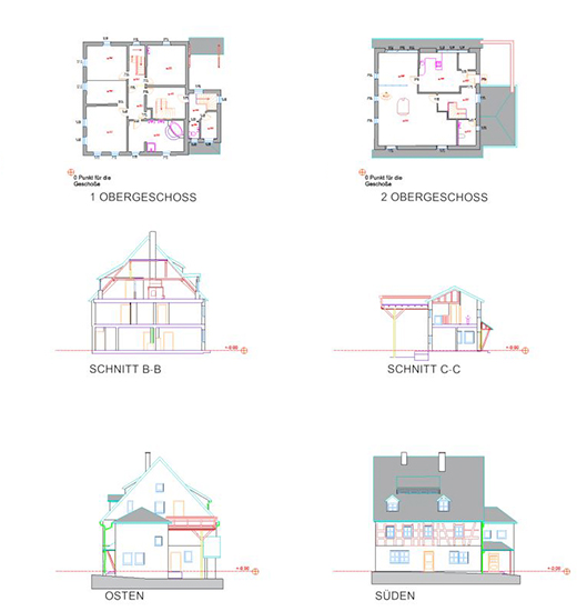 2D Plan mit Grundrisse, Ansichten und Gebäudeschnitten